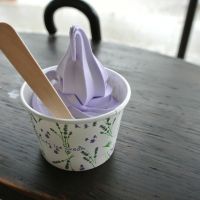 Cup of soft serve ice cream on outdoor table