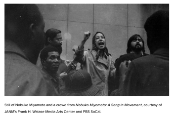 Still of Nobuko Miyamoto and a crowd from Nobuko Miyamoto: A Song in Movement, courtesy of JANM’s Frank H. Watase Media Arts Center and PBS SoCal.